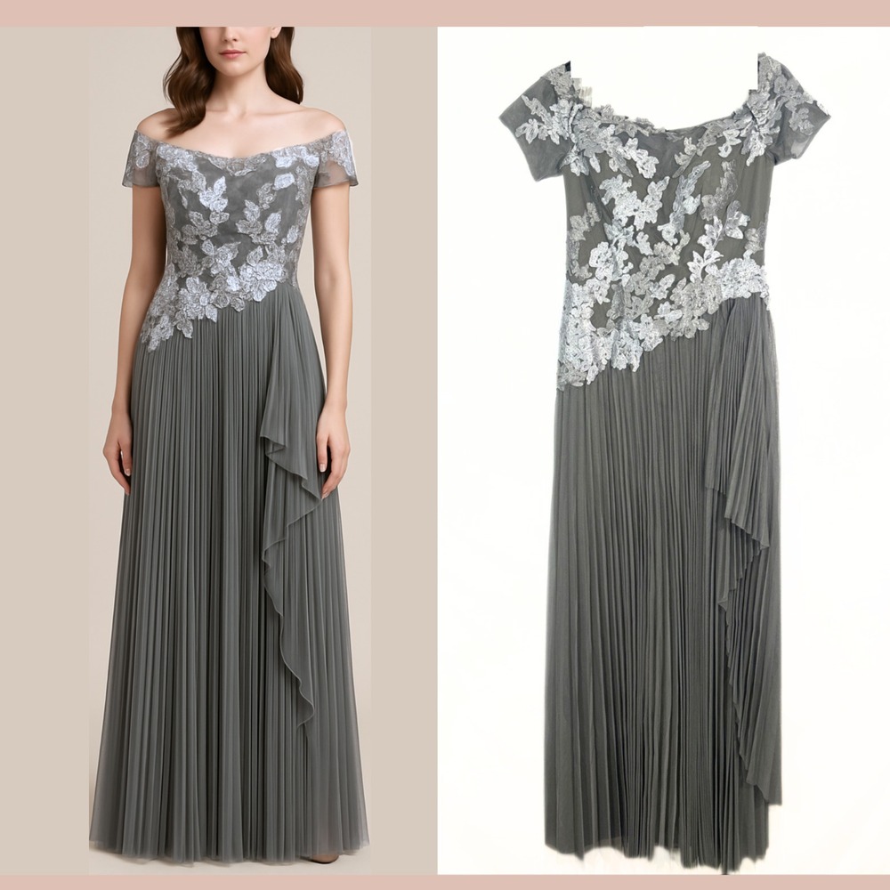 NEW ALEXANDER BY DAYMOR [ 6 ] Off the Shoulder Pleated Gown‎ Silver Grey #J1907